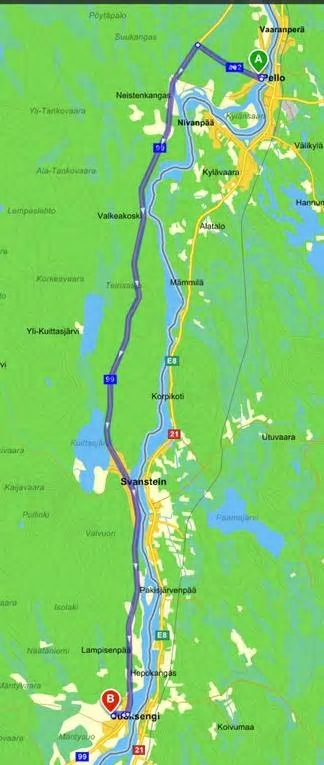 Den markerade delen av väg 99 mellan Juoksengi-Pello ska förstärkas.
