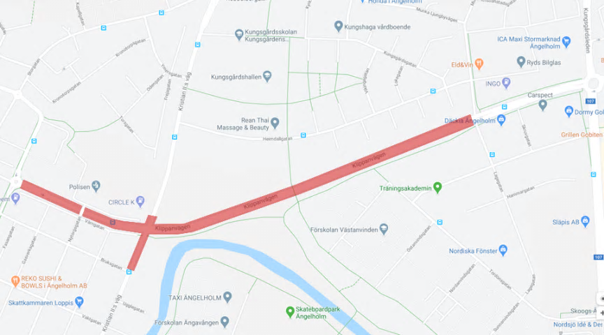 Den avstängda delen av Klippanvägen är markerad med rött.