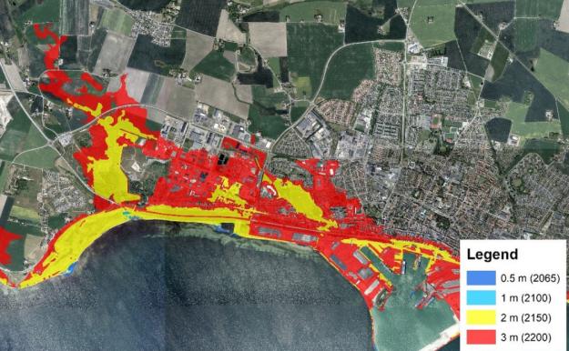 Lågt belägna områden som med tiden kommer att stå under vatten permanent som ett resultat av en stigande medelvattenyta.
