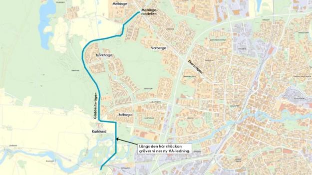 Kartan visar var &Ouml;rebro kommun ska gräva ner ny VA-ledning under 2022.