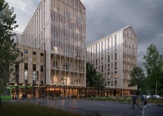 Arkitektteamet Arkitema och LINK Arkitektur skriver avtal med Skanska om Växjös nya akutsjukhus. På bilden visas norra entrén (bilden är en illustration).