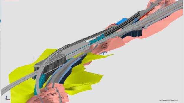 Föreslagen geoteknisk förvaltningsmodell innehållande undersökningsdata, geokonstruktioner och tolkade geomodeller i 3D.