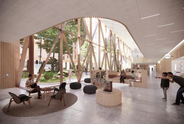 Visionsbild över nya Växjö akutsjukhus lobby (bilden är en illustration).